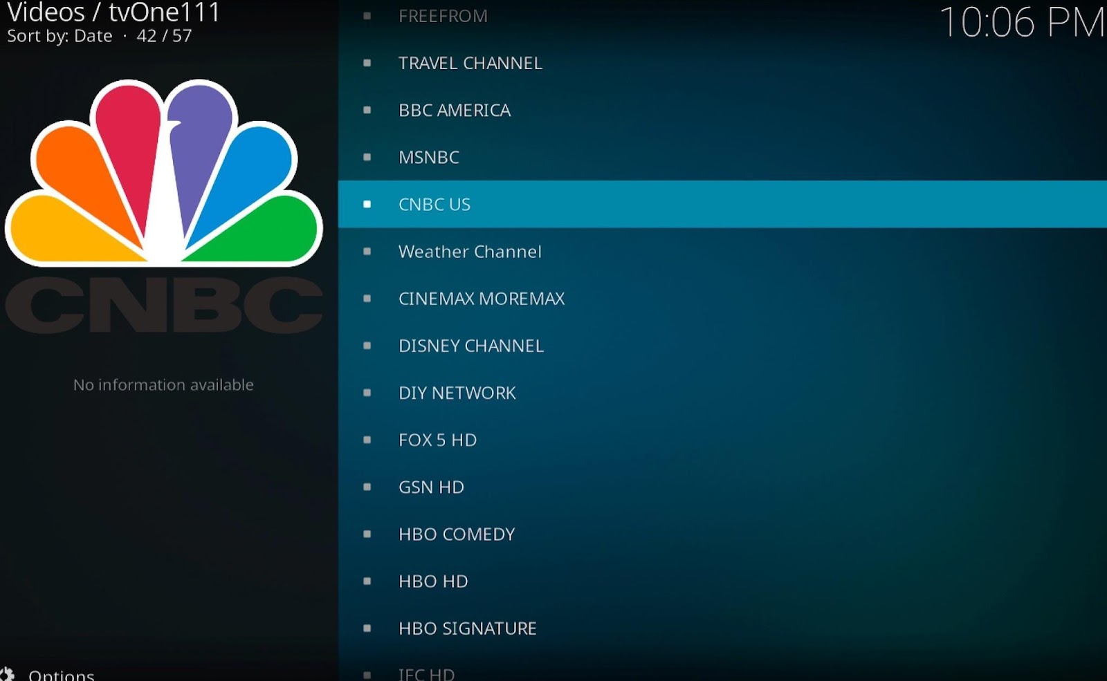 Kodi tvOne111 Video addon screen, CNBC US highlighted