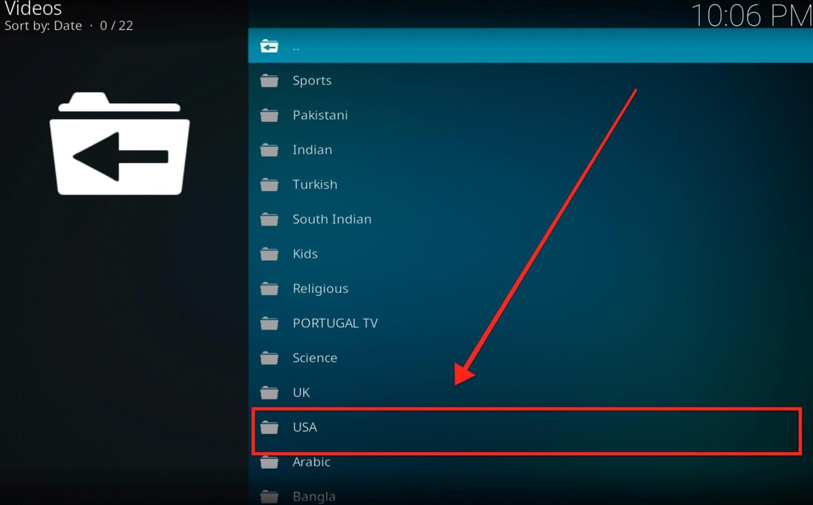 Kodi tvOne111 Video addon screen, USA highlighted