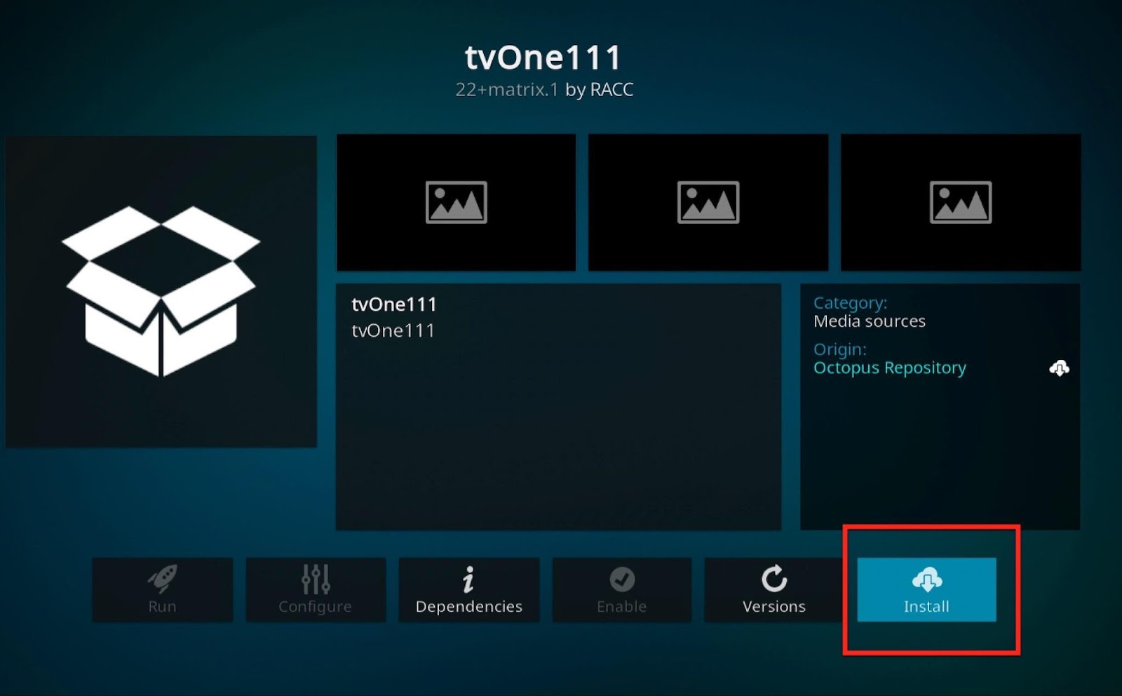 Kodi tvOne111 screen, Install button highlighted