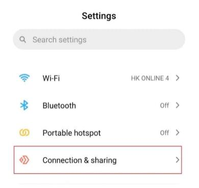 Mobile Settings screen select ‘Connection and sharing’