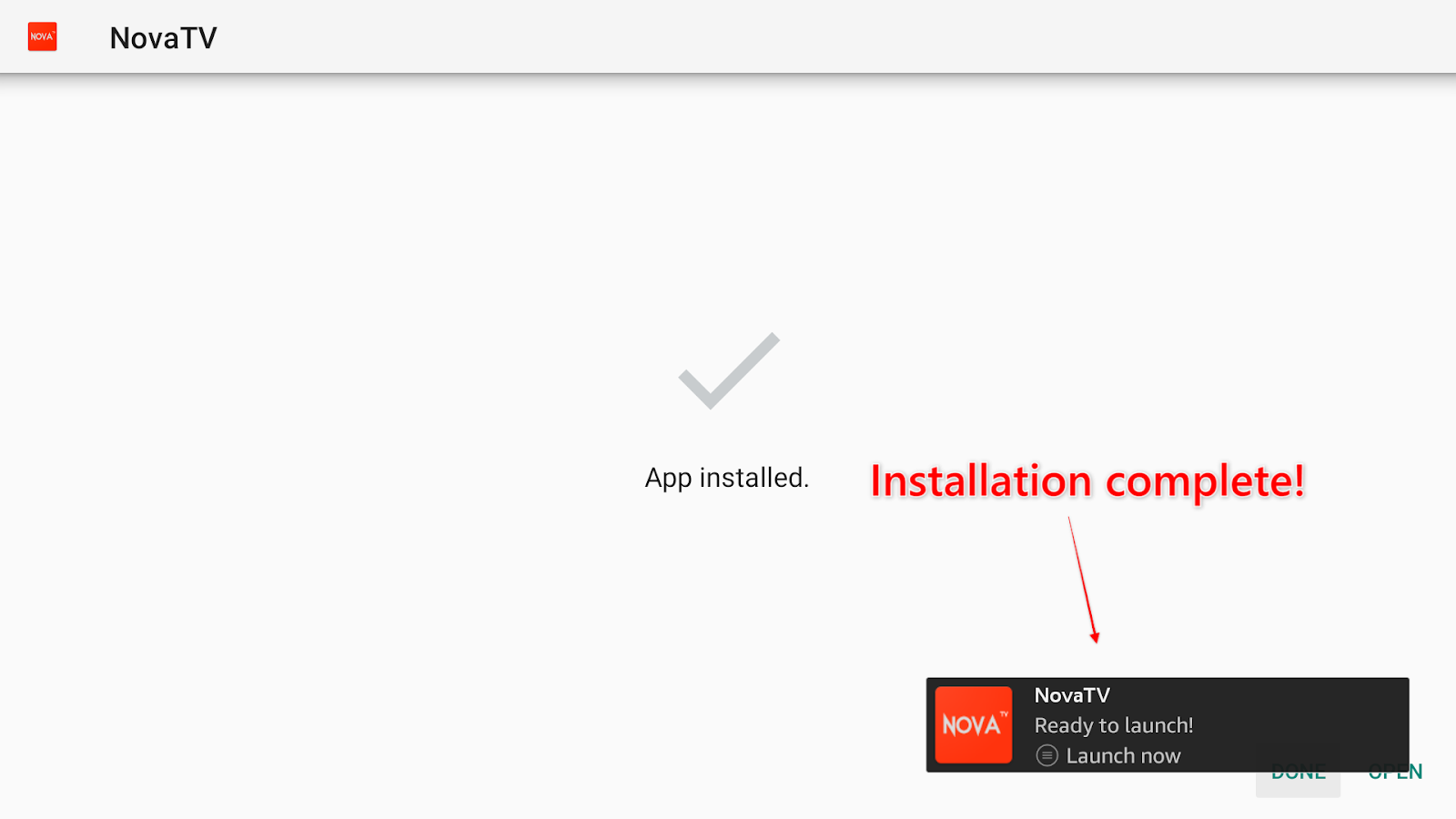 NovaTV Installed screen with the Done button highlighted