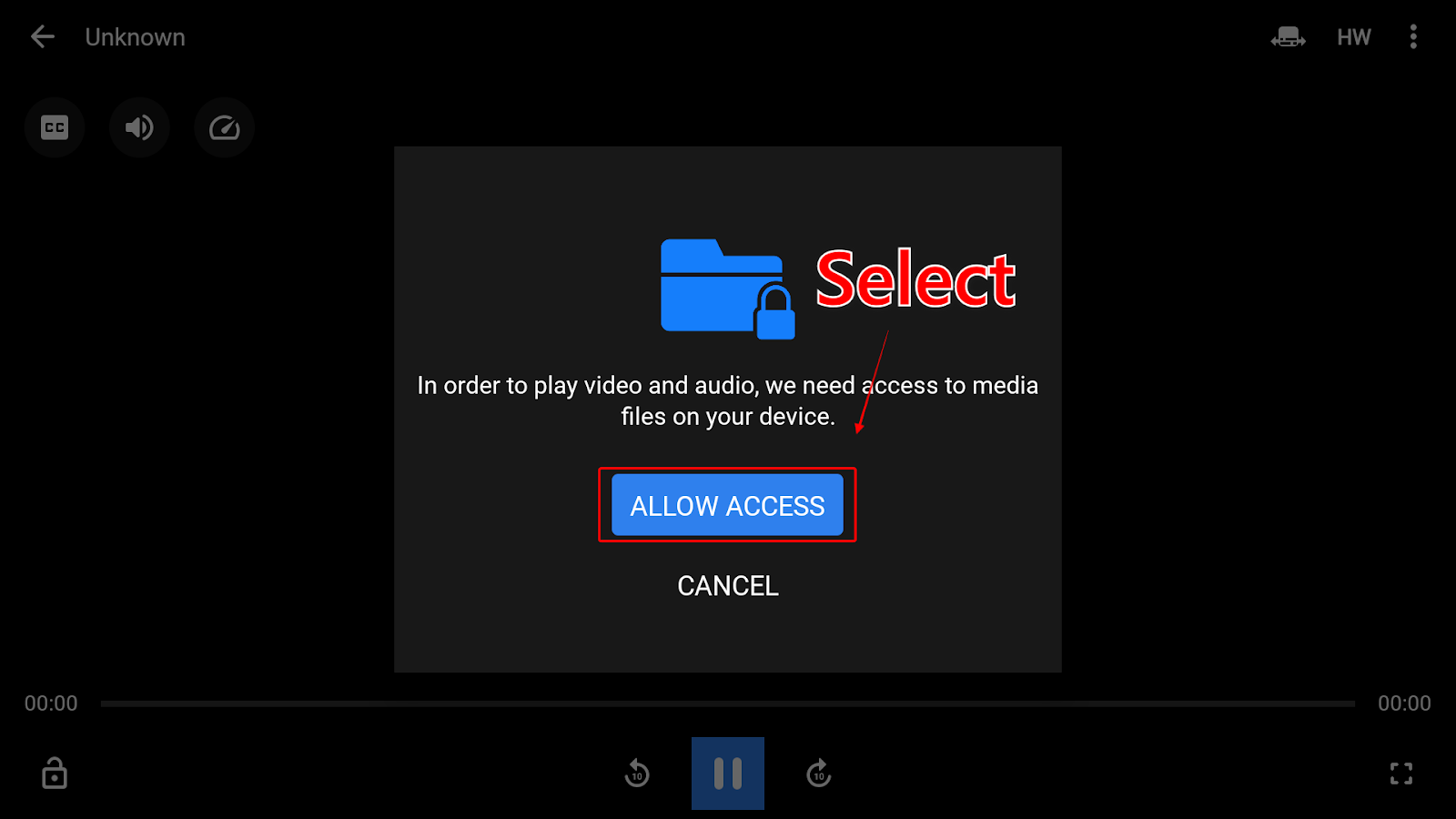 NovaTV Media permission settings dialog box with the Allow Access button highlighted