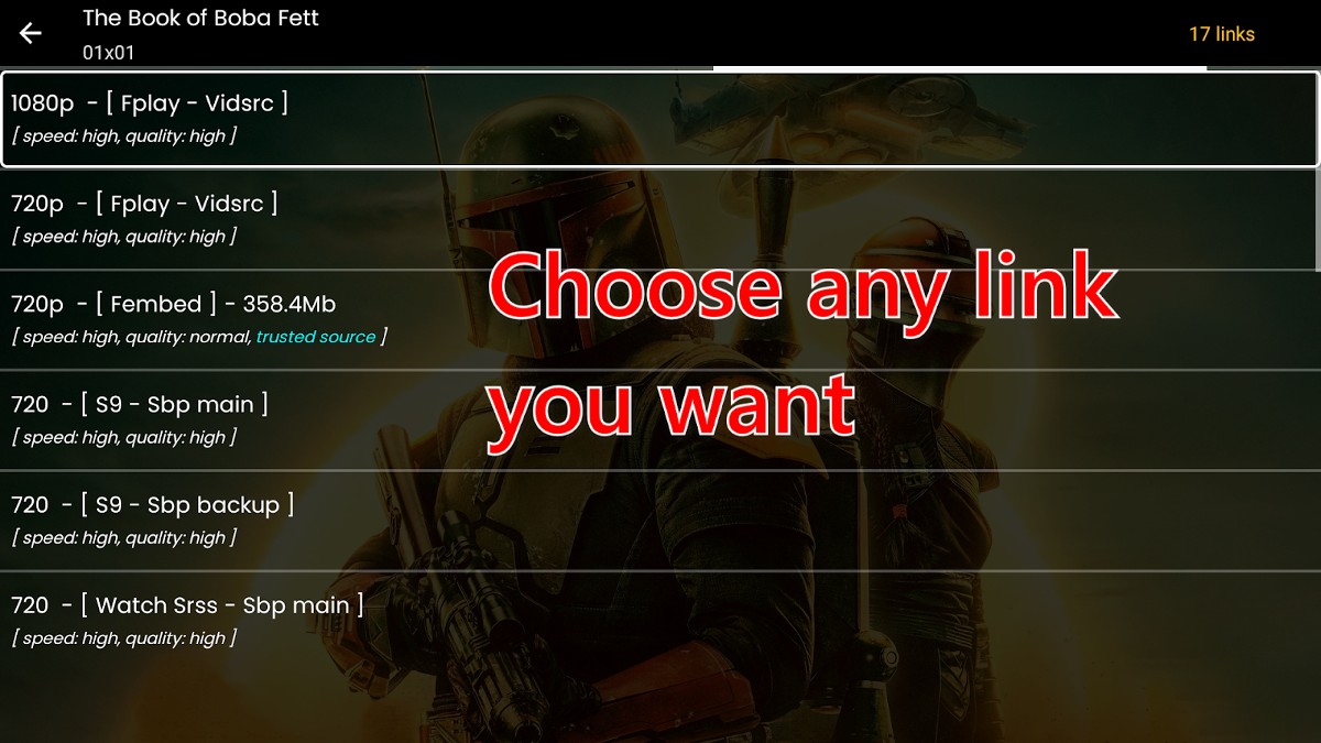 NovaTV list of links by speed and resolution for The Book of Boba Fett