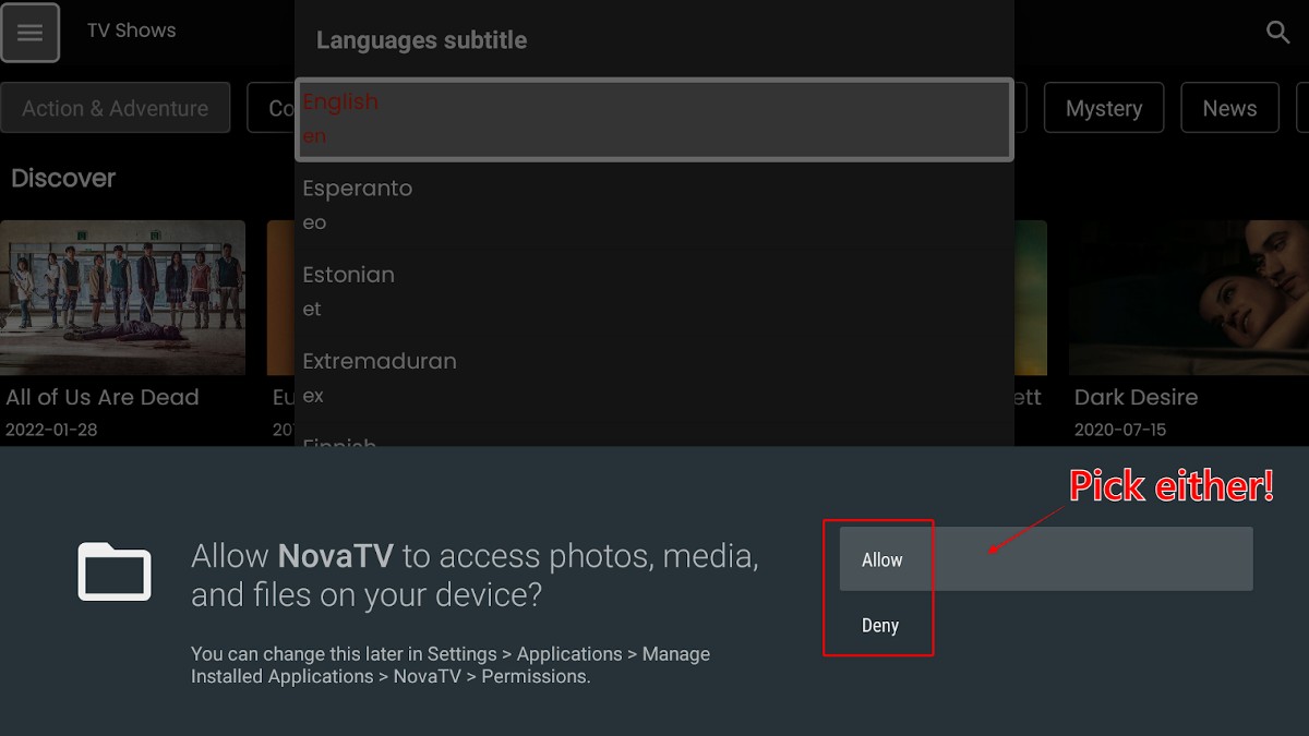 NovaTV permission dialog box with the Allow button highlighted