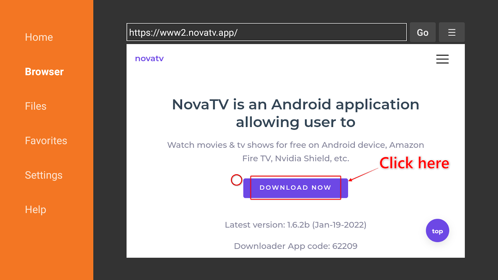 NovaTV screen on Downloader app with the Download Now button highlighted