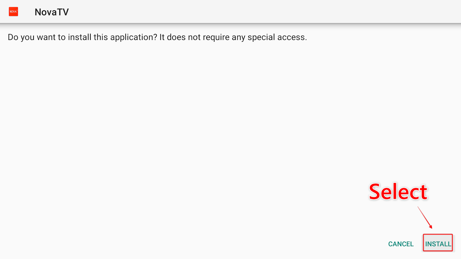 NovaTV screen with the Install button highlighted