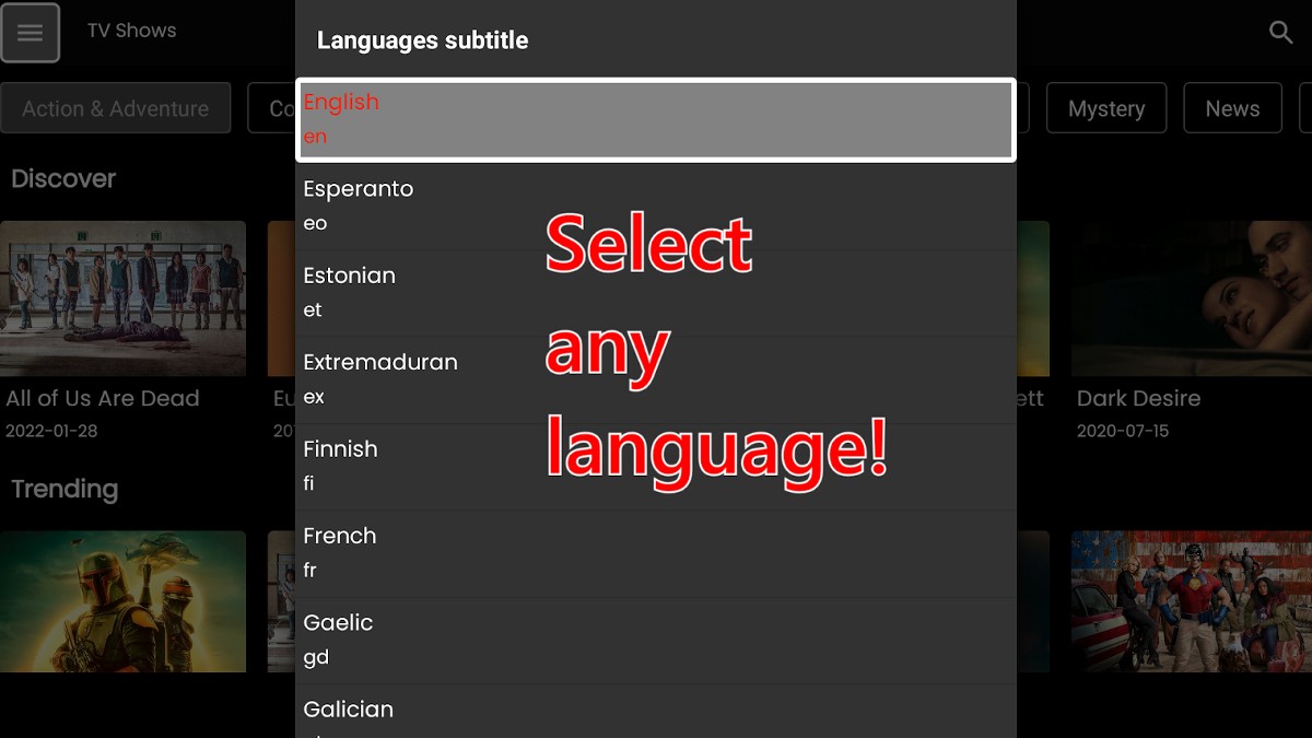 NovaTV subtitles menu