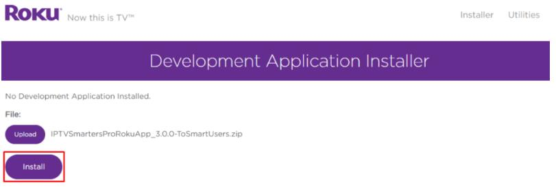 Roku Development Application Installer page, click Install