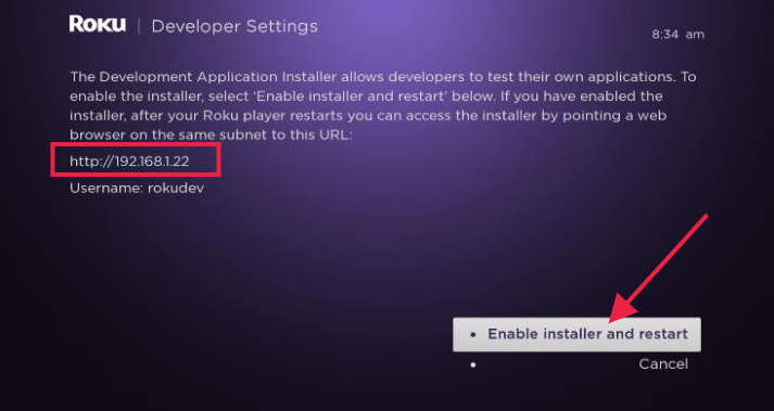 Roku developer settings Enable installer and restart