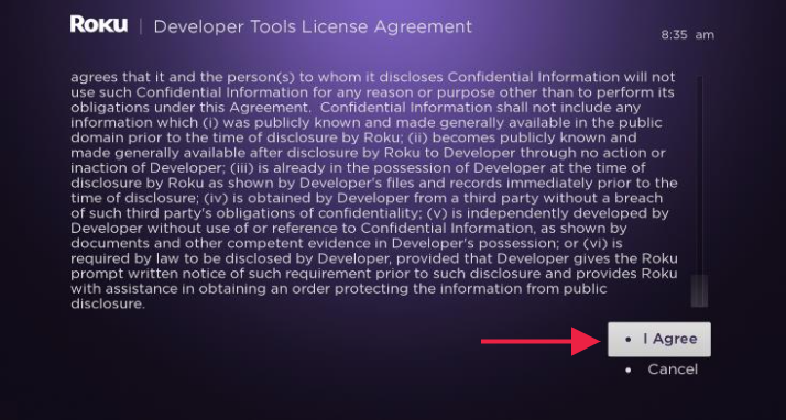 Roku developer settings license agreement click I agree