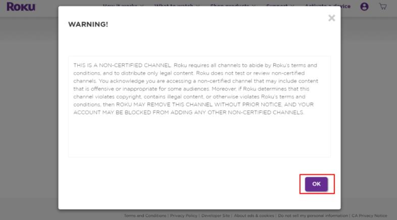 Roku warning prompt click ok
