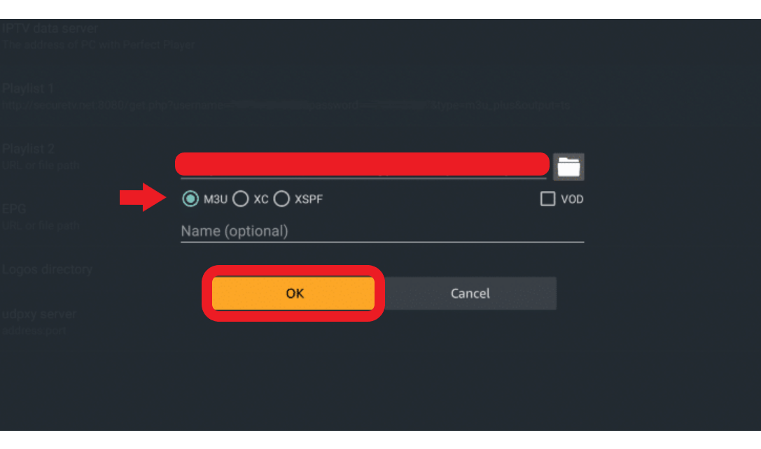 Select M3U option Perfect iptv