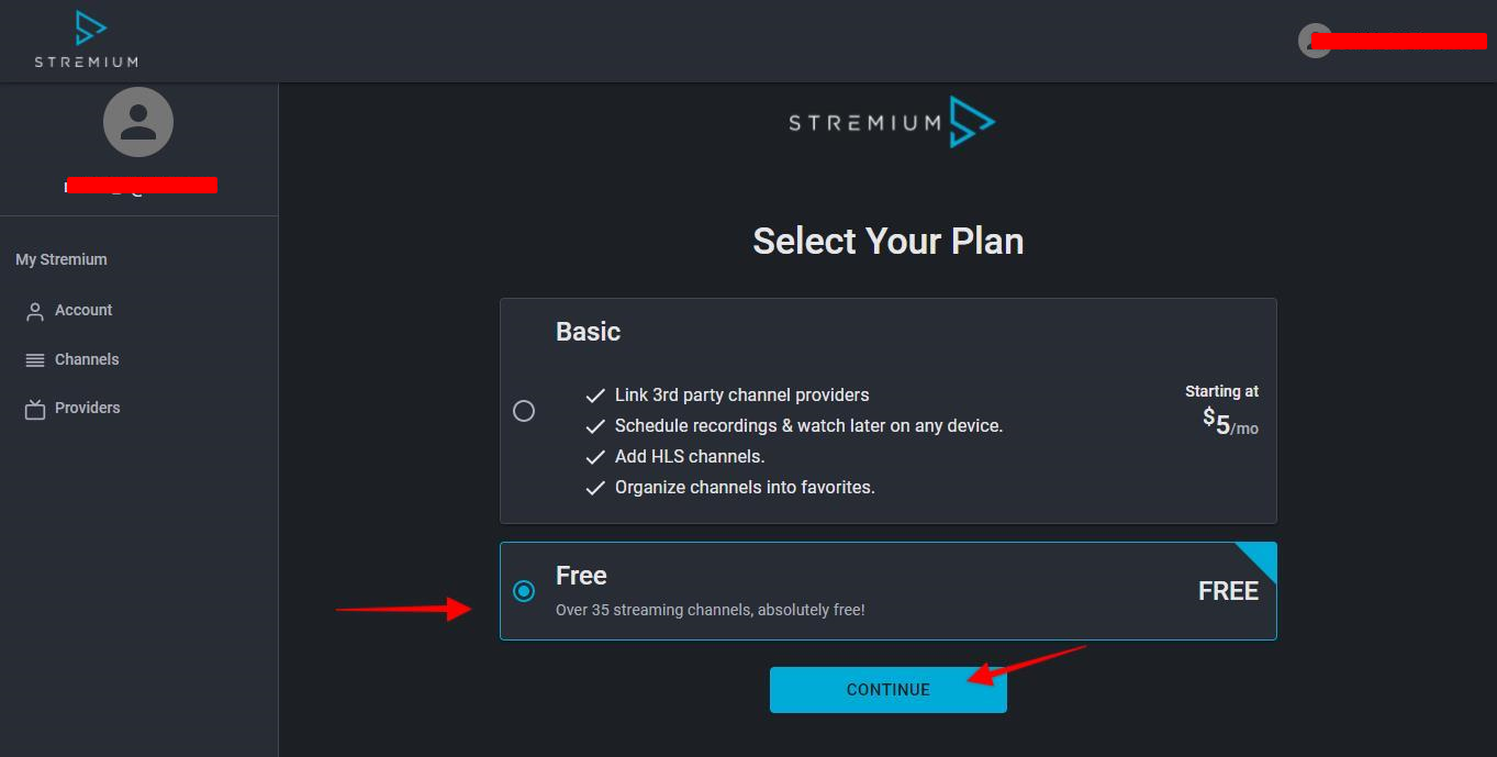 Stremium app select a plan page