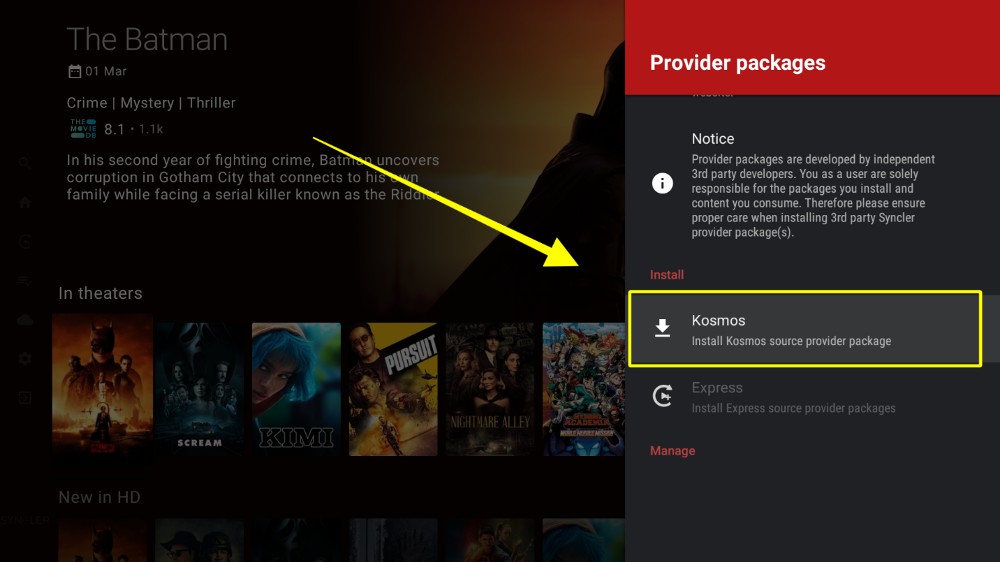 Syncler Provider packages install menu with Kosmos highlighted as an option