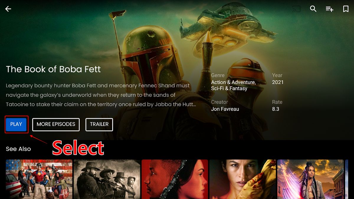 The Book of Boba Fett screen with the Play button highlighted