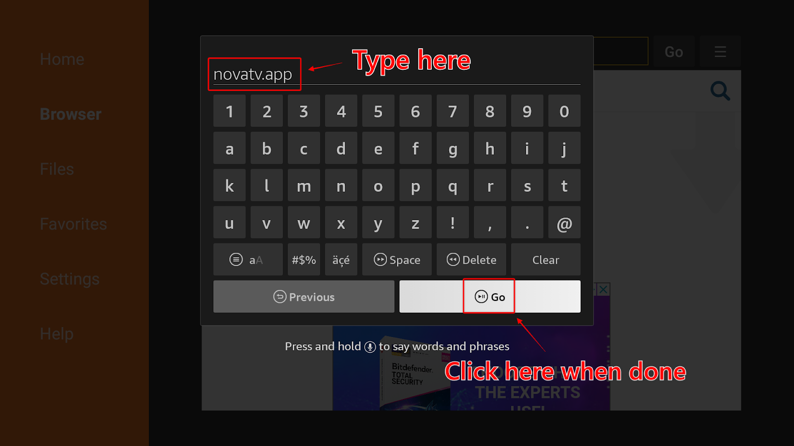 The novatv.app address typed into Downloader’s URL field