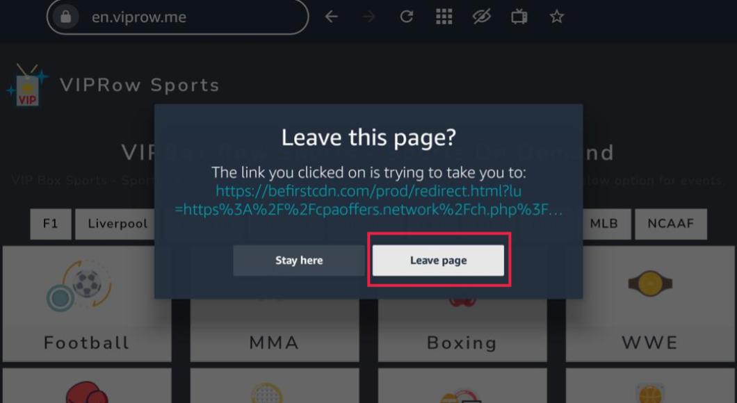 VIPRow Sports categories prompt to stay or leave the page