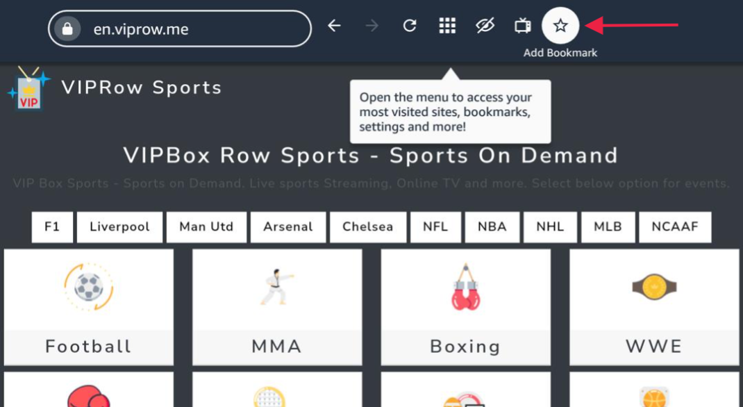 VIPRow Sports homepage, Add bookmark highlighted