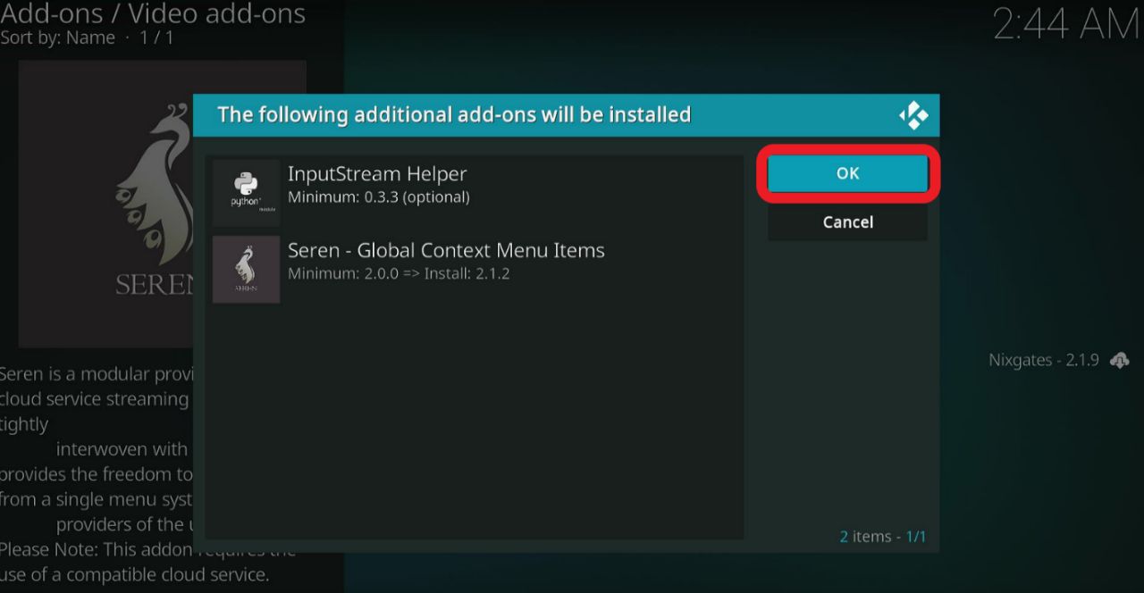 additional addons dialog box seren