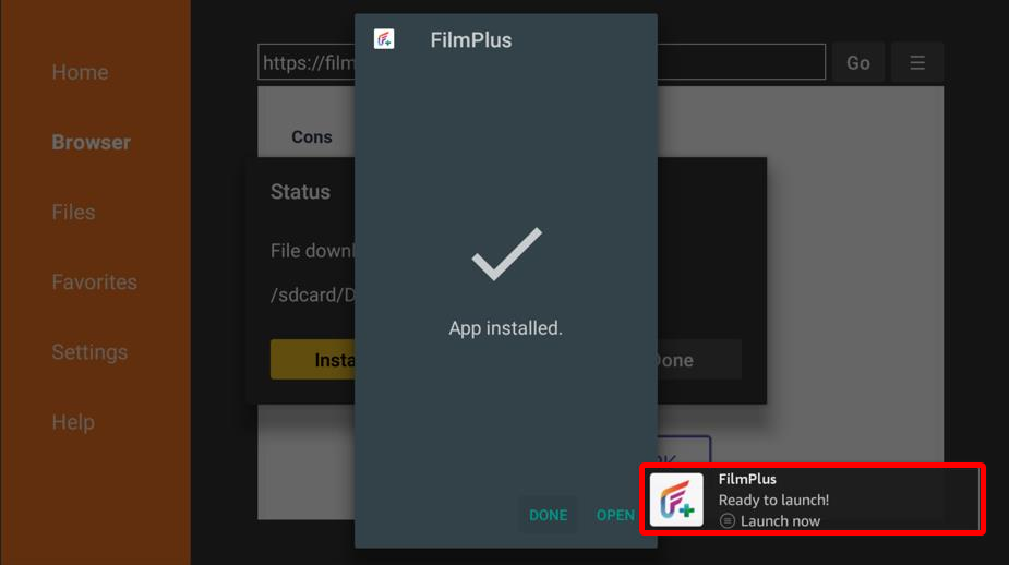 filmplus installed message