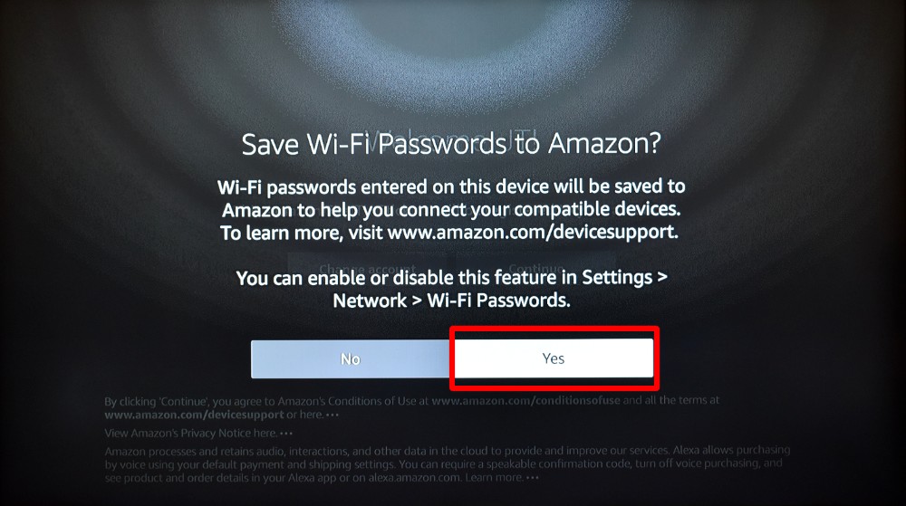 Amazon Save Wi-Fi Passwords to Amazon screen