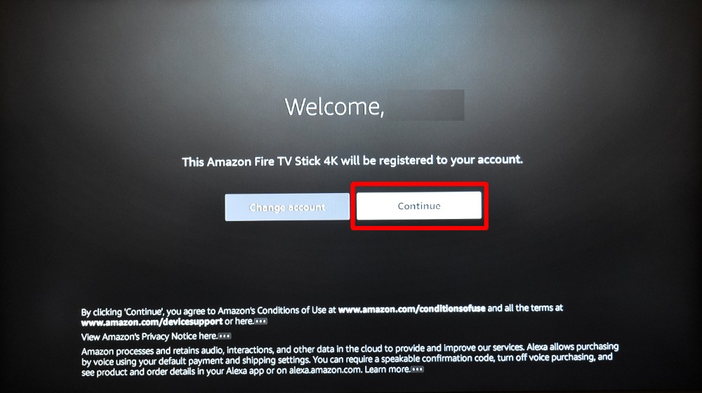 Amazon firetv account confirm screen