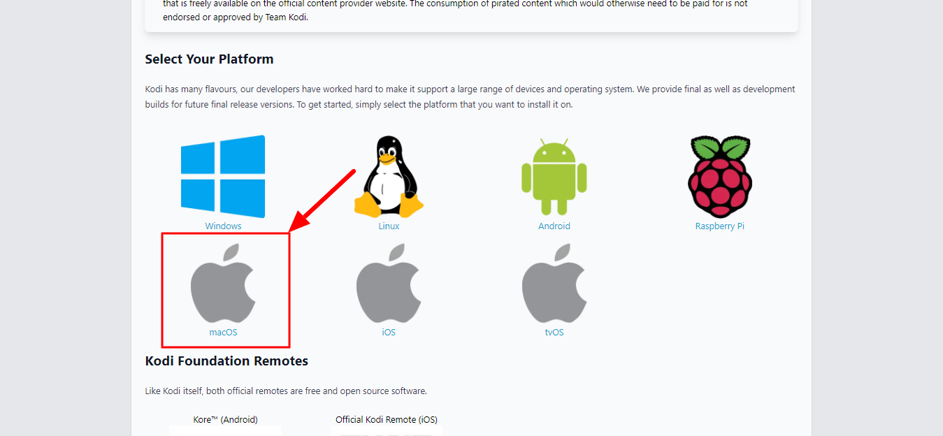 Choose MacOS platform for Kodi app
