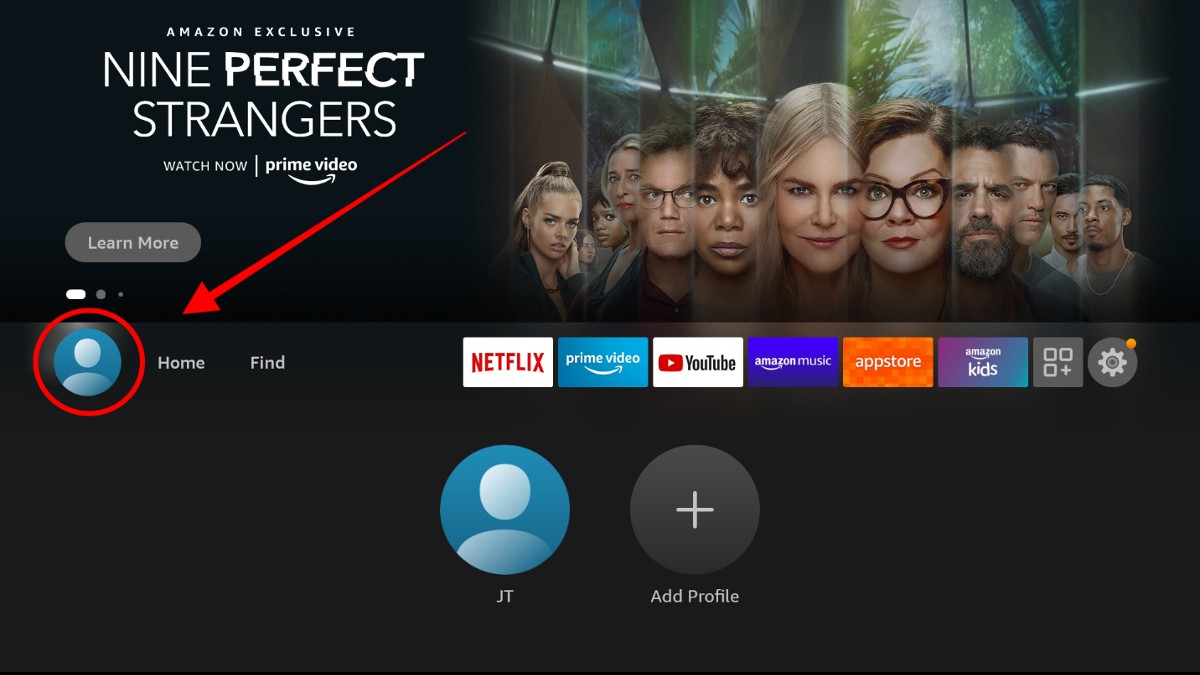 Firestick main menu, profile option on the leftmost side highlighted