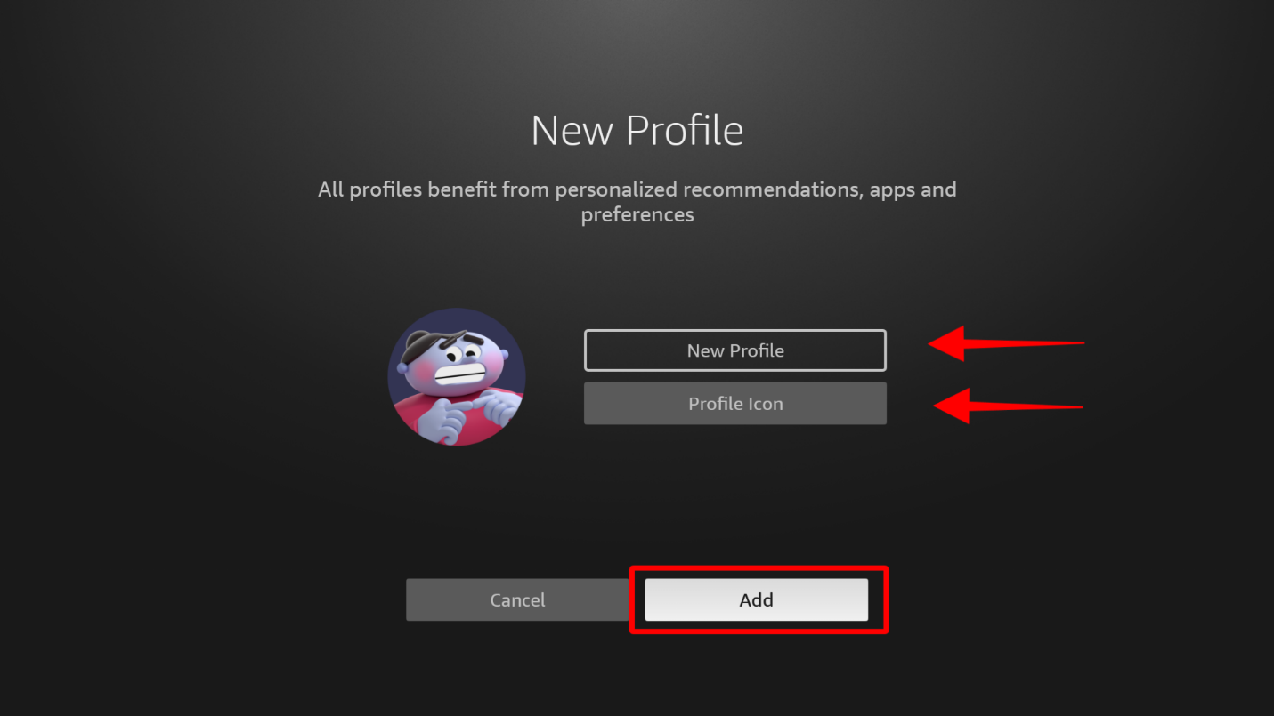 Firestick profile option enter the name, choose the profile icon