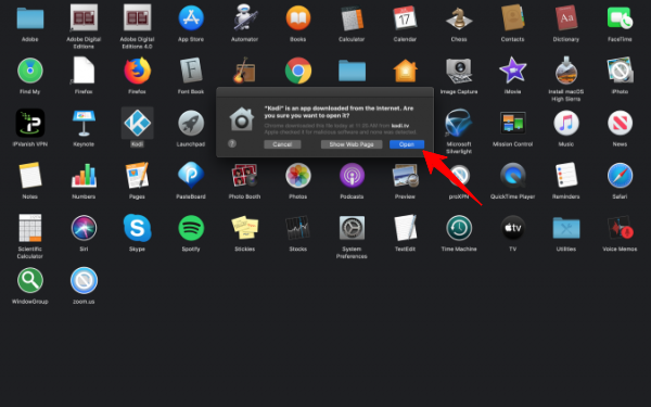 MacOS device Application screen, Kodi icon highlighted