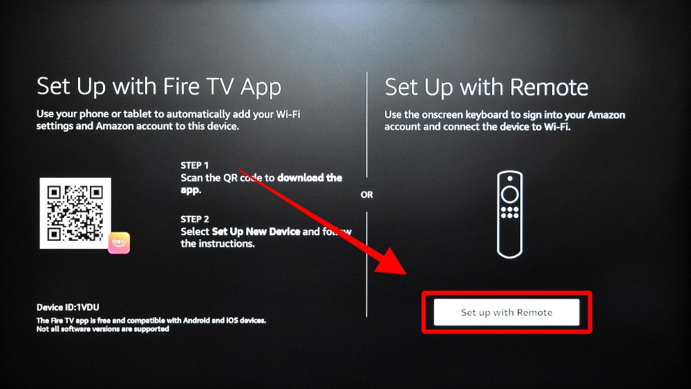 firetv option to use Fire TV app or remote to set up your device